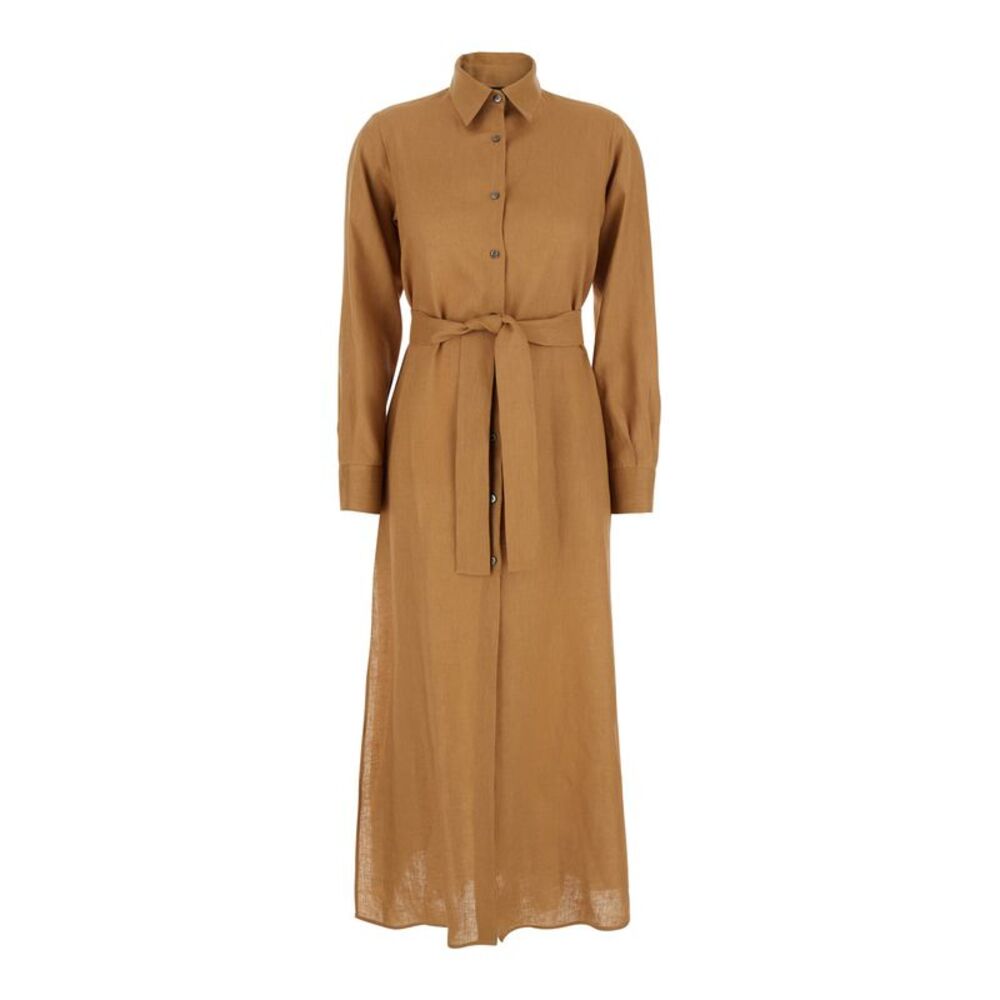 Plain Women Beige Dress With Classic Collar And Adjustable Skirt In Linen Woman